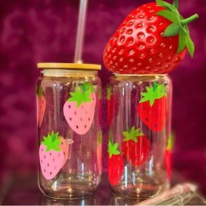 New Glass Can Cups Decorated with Red or Pink Strawberries, Includes Lid & Straw